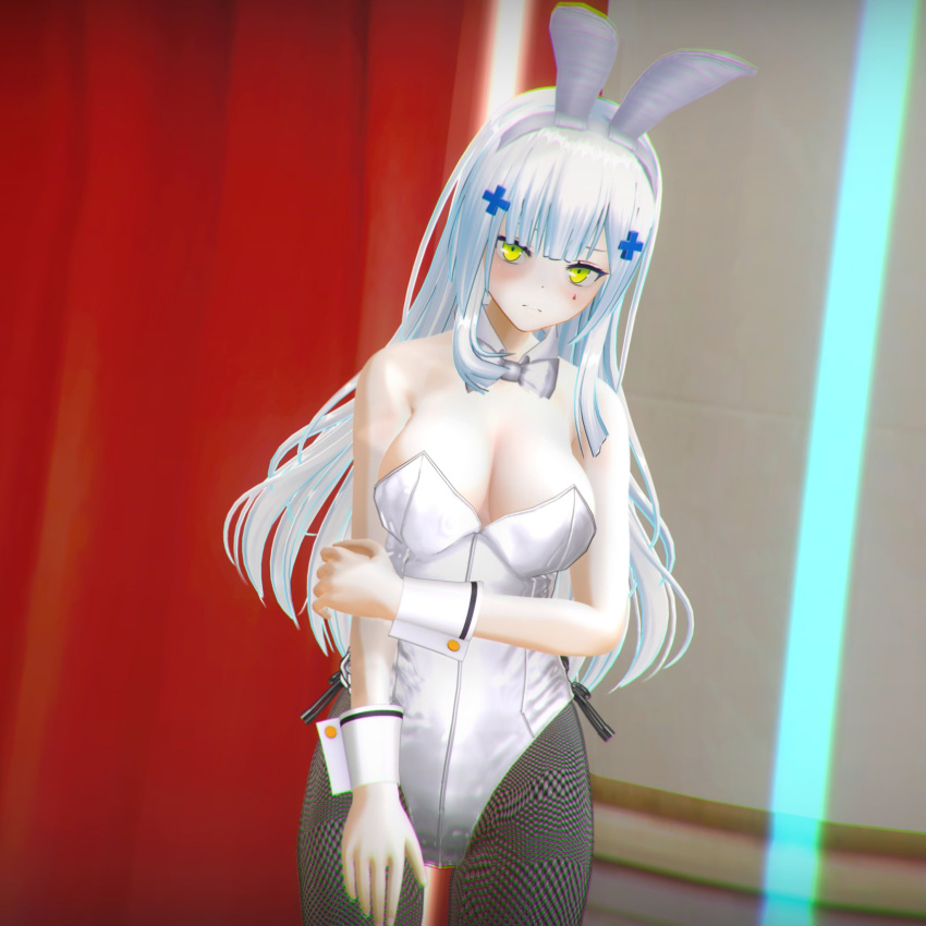 1girl alternate_costume animal_ears bangs bare_shoulders black_legwear blush bow bowtie breasts cleavage closed_mouth custom_maid_3d_2 eyebrows_visible_through_hair fake_animal_ears feet_out_of_frame girls'_frontline green_eyes hair_ornament hairclip highres hk416_(girls'_frontline) leotard light_blue_hair long_hair looking_at_viewer medium_breasts pantyhose playboy_bunny rabbit_ears simple_background solo standing teardrop_facial_mark teardrop_tattoo white_bow white_bowtie white_leotard zmpg4752