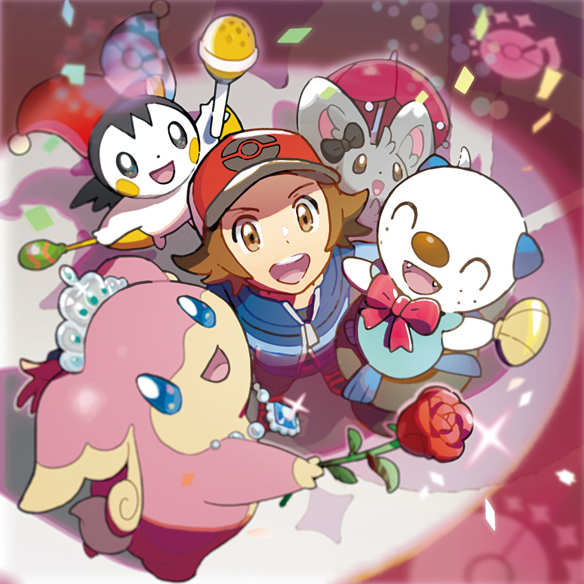 1boy :d absurdres audino black_shirt blue_jacket blurry brown_eyes brown_hair commentary_request confetti emolga flower from_above hat hatted_pokemon highres hilbert_(pokemon) holding holding_flower jacket looking_at_viewer male_focus minccino official_art open_mouth oshawott poke_ball_print pokemon pokemon_(creature) pokemon_(game) pokemon_bw red_flower red_headwear shirt shoes short_hair smile sparkle teeth tiara tongue upper_teeth zipper_pull_tab