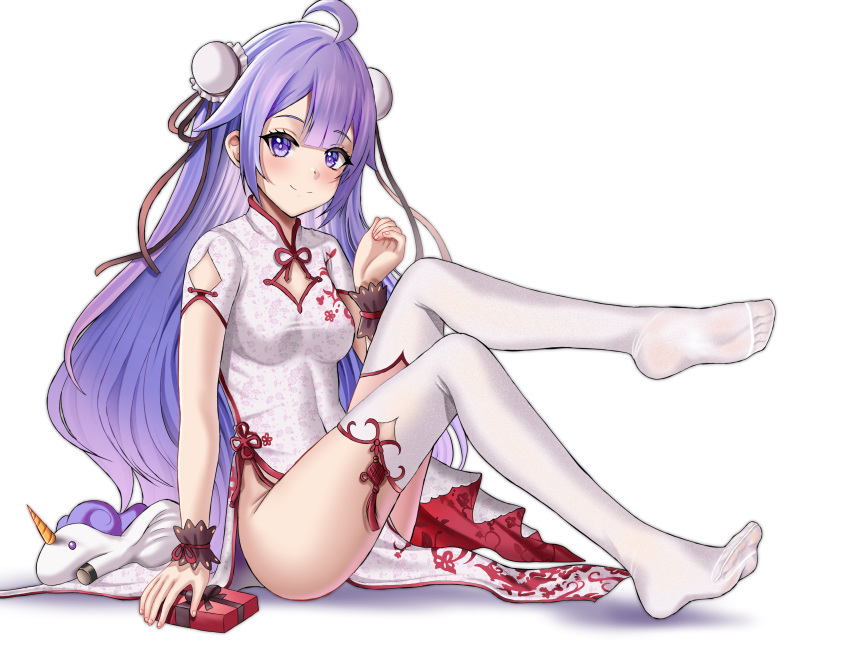 1girl absurdres azur_lane bangs breasts bukowiski closed_mouth covered_navel eyebrows_visible_through_hair full_body hair_ribbon hand_on_floor highres japanese_clothes kimono leg_up long_hair looking_at_viewer nail_polish no_shoes on_floor purple_eyes purple_hair ribbon sitting small_breasts smile soles solo thighhighs unicorn_(azur_lane) unicorn_(the_gift_of_spring)_(azur_lane) white_background white_kimono white_legwear