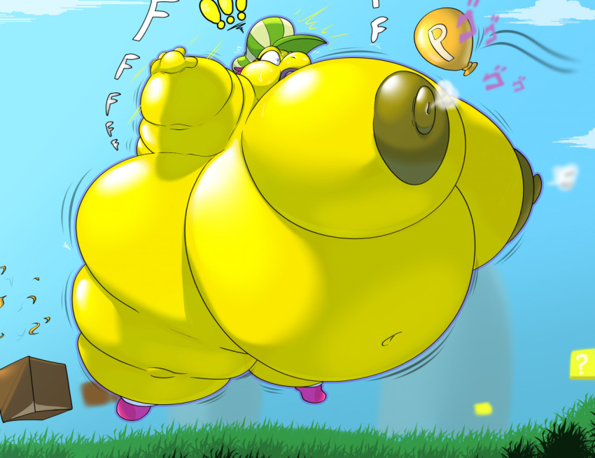 2022 anthro belly big_belly big_breasts block breasts clothing exclamation_point female floating footwear hair hat headgear headwear inflation jojo's_bizarre_adventure koopa koopa_troopa kylie_koopa mario_and_luigi_(series) mario_bros navel nintendo nipples nude open_mouth outside p-balloon pink_hair puffed_cheeks scalie shinysteel shoes solo spread_arms text video_games wide_eyed yellow_body