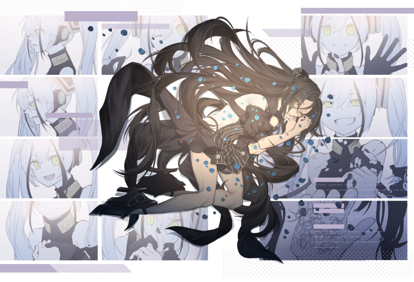 1girl bangs black_dress black_footwear black_gloves black_hair commission crying destroyer_(girls'_frontline) dreamer_(girls'_frontline) dress eyebrows_visible_through_hair flashback girls'_frontline glitch gloves hair_ornament hairclip highres holographic_interface long_hair looking_at_viewer looking_down lying nail_polish open_mouth rabb_horn sangvis_ferri screen silver_hair skeb_commission smile solo torn_clothes twintails yellow_eyes