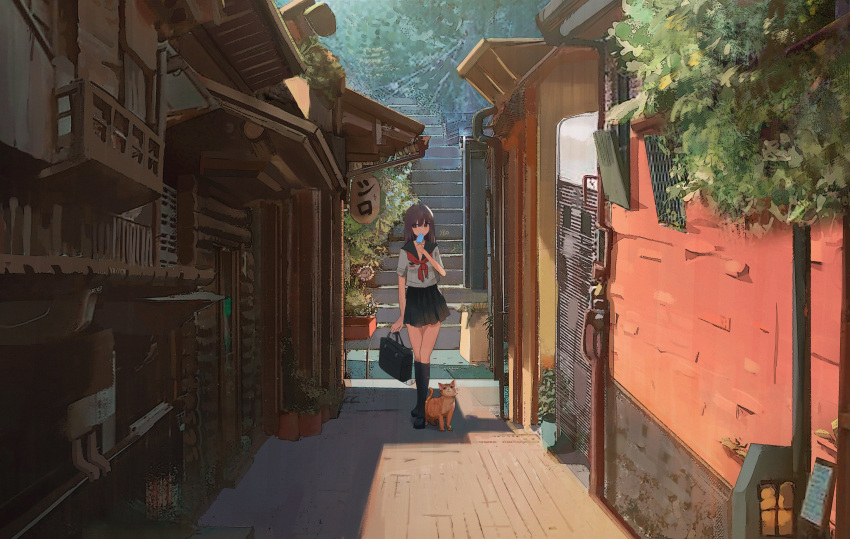 1girl absurdres alley bag bangs black_legwear black_skirt brown_hair building cat food highres long_hair miniskirt original outdoors pipes pleated_skirt popsicle red_neckwear school_bag school_uniform serafuku silo_(owo) skirt stairs