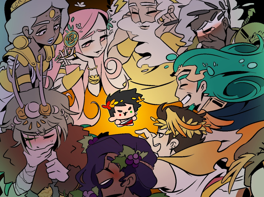 3girls 6+boys :3 aphrodite_(hades) aqua_hair ares_(hades) artemis_(hades) athena_(hades) bbeard3 beard black_hair blue_hair blush chibi closed_eyes covering_mouth dark-skinned_female dark-skinned_male dark_skin dionysus_(hades) earrings facial_hair food fruit grapes greek_clothes green_eyes green_hair grin hades_(game) hand_over_own_mouth head_wings hermes_(hades) heterochromia jewelry laurel_crown multiple_boys multiple_girls open_mouth pink_eyes pink_hair poseidon_(hades) purple_hair red_eyes ring smile white_hair zagreus_(hades) zeus_(hades)