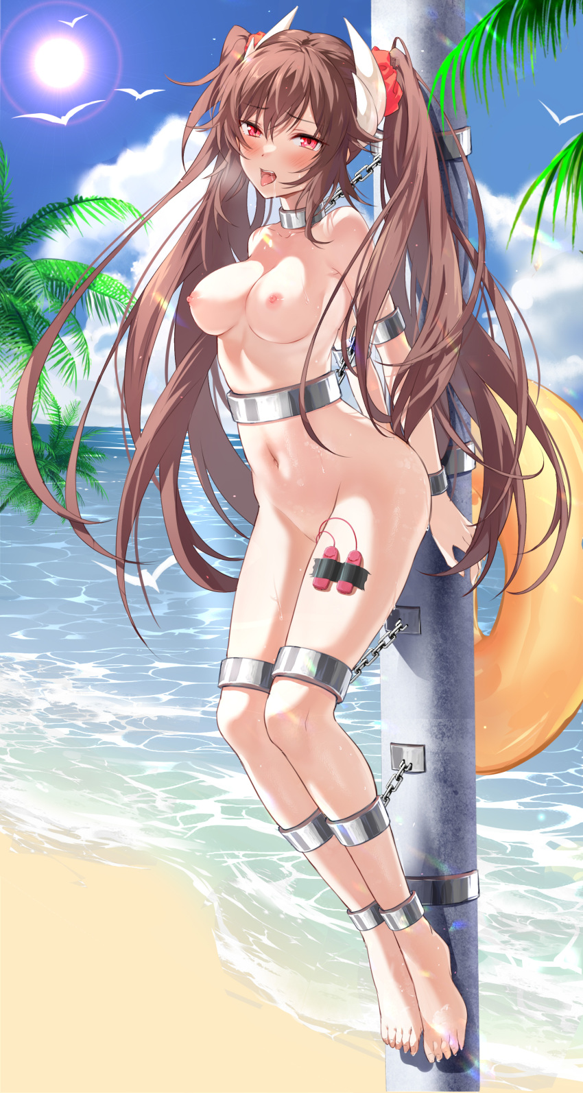 1girl absurdres arms_behind_back azur_lane barefoot beach bird blue_sky blush breasts brown_hair chain chained cloud cloudy_sky commentary completely_nude cuffs day devil_heavens drooling eyebrows_visible_through_hair full_body furrowed_brow hair_between_eyes half-closed_eyes haruna_(azur_lane) highres horns innertube legs_together long_hair looking_at_viewer medium_breasts navel nipples nude ocean open_mouth outdoors palm_tree pussy red_eyes restrained saliva scrunchie sex_toy shackles sky solo sun sweat tape tongue tongue_out tree twintails vibrator