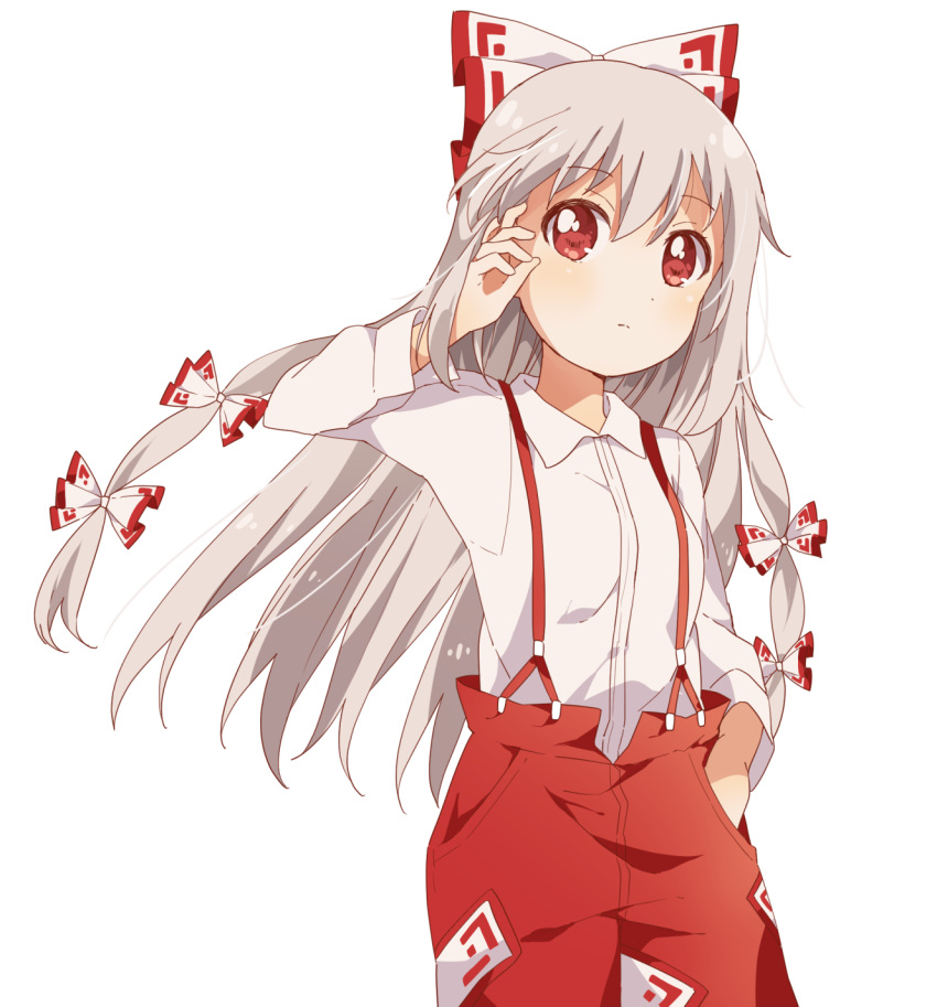 1girl bangs bow closed_mouth collared_shirt cowboy_shot eyebrows_visible_through_hair fujiwara_no_mokou grey_hair hair_bow hand_in_hair hand_in_pocket highres long_hair long_sleeves looking_at_viewer multiple_bows ofuda ofuda_on_clothes pants red_eyes red_pants sasaki_sakiko shirt simple_background solo standing suspenders touhou white_background white_shirt