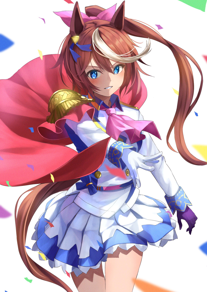 1girl absurdres animal_ears ascot asymmetrical_gloves bangs blue_eyes brown_hair buttons cape chakuma_(yiyh1468) collared_jacket confetti cowboy_shot double-breasted epaulettes gloves highres horse_ears horse_girl horse_tail jacket long_hair long_sleeves mismatched_gloves multicolored_hair outstretched_arm pink_ascot pleated_skirt ponytail purple_gloves simple_background single_epaulette skirt solo streaked_hair tail tokai_teio_(umamusume) umamusume v-shaped_eyebrows white_background white_gloves white_jacket white_skirt