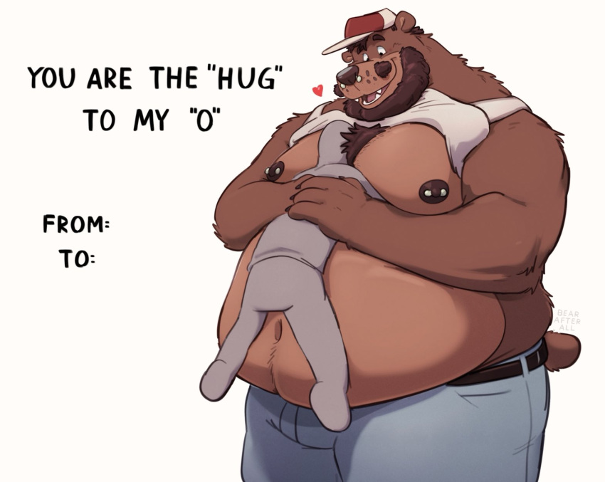 &lt;3 4_fingers annon anthro bearafterall beard belt body_hair bottomwear brown_body brown_fur chest_hair chest_tuft claws clothing denim denim_clothing eyebrows facial_hair facial_piercing fangs fingers fur hair hat headgear headwear hi_res jeans jewelry male mammal nipple_piercing nipples nose_piercing nose_ring overweight overweight_anthro overweight_male pants piercing solo text tuft ursid