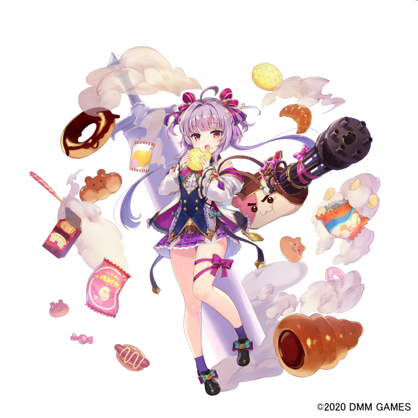 1girl 2020 ahoge bag black_footwear black_legwear bow bread candy chips chocolate_cornet clothing_cutout commentary_request croissant dmm doughnut eating eyebrows_visible_through_hair food food_on_face footwear_bow full_body gatling_gun gemini_seed hair_ribbon highres long_sleeves looking_at_viewer melon_bread minigun official_art open_mouth piyoyanagi pocky potato_chips purple_hair purple_skirt red_eyes ribbon short_hair_with_long_locks shoulder_bag shoulder_cutout simple_background skirt solo sword tachi-e thigh_ribbon weapon white_background