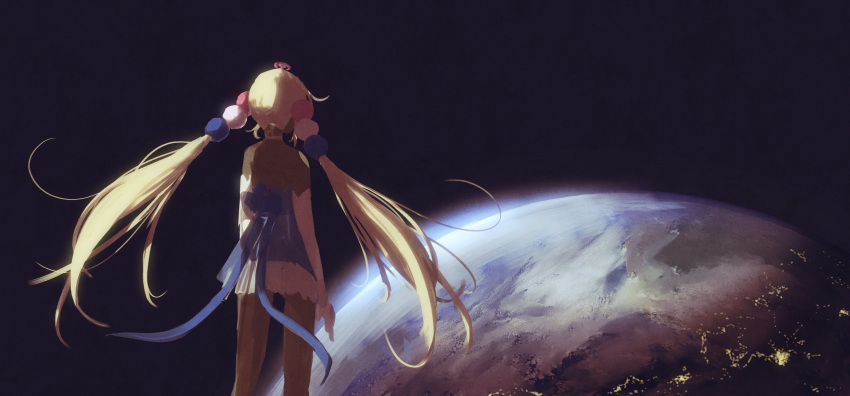 1girl absurdres backless_outfit bare_legs bare_shoulders blue_leotard city_lights earth_(planet) elbow_gloves gloves halter_top halterneck highres hololive hololive_english leotard limiter_(tsukumo_sana) long_hair overskirt planet planet_hair_ornament ribbon solo space ssub tsukumo_sana twintails very_long_hair virtual_youtuber white_gloves white_hair