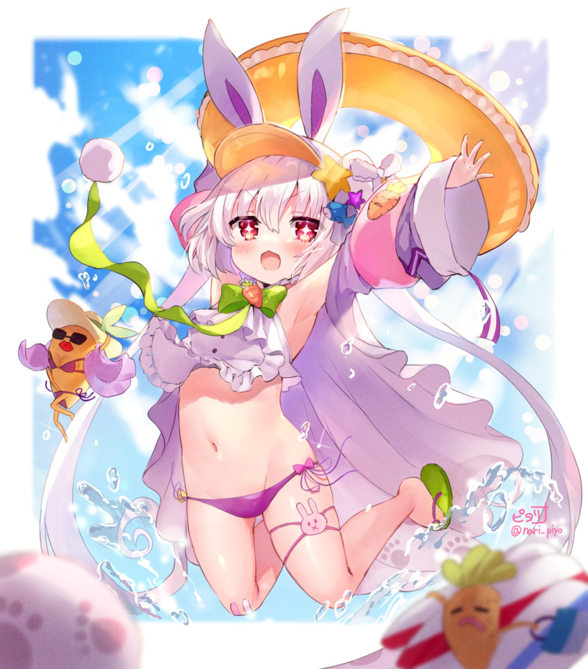 +_+ 1girl :d animal_ears armpits arms_up bikini blush commentary_request flower_knight_girl highres innertube jumping long_hair long_sleeves looking_at_viewer navel piyoyanagi pom_pom_(clothes) purple_bikini rabbit_ears red_eyes sandals signature silver_hair sky smile solo swimsuit twintails twitter_username usagigoke_(flower_knight_girl) visor_cap water