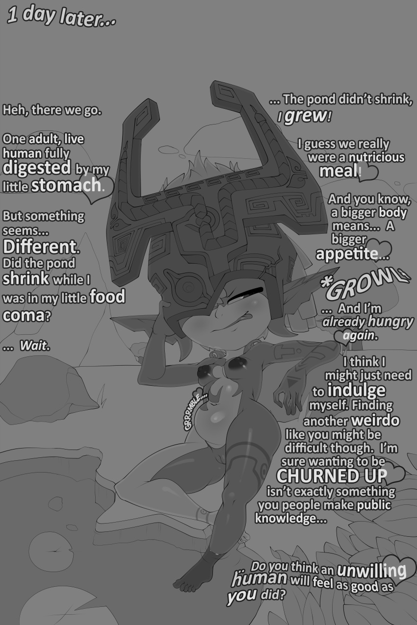 absurd_res after_vore areola belly big_areola blush breasts dialogue english_text female genitals growth hi_res humanoid humanoid_pointy_ears hungry imp licking licking_lips midna naughty_face navel nintendo nipples one_eye_obstructed pussy rumbling_stomach short_stack small_breasts smile smug text the_legend_of_zelda theboogie tongue tongue_out twili twilight_princess video_games vore wall_of_text