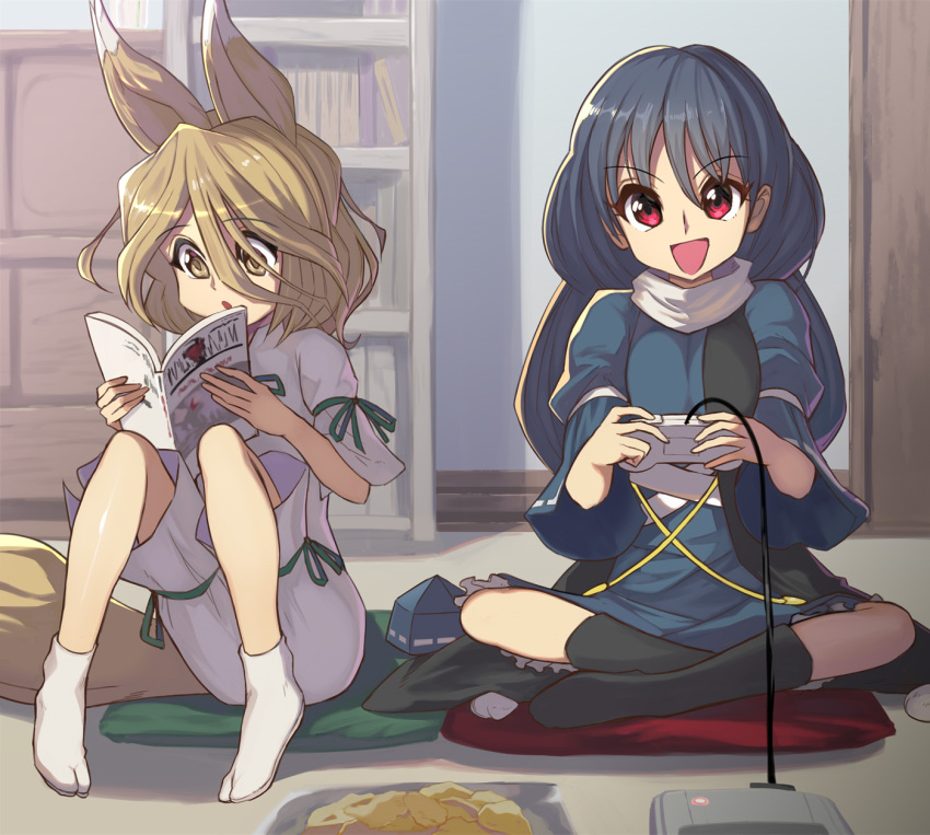 2girls animal_ears black_coat black_legwear blonde_hair blue_dress blue_hair book chips coat controller cushion dress eyebrows_visible_through_hair food fox_ears fox_tail game_controller green_ribbon hair_between_eyes highres holding holding_book holding_controller holding_game_controller iizunamaru_megumu kneehighs kudamaki_tsukasa long_hair long_sleeves multiple_girls open_mouth parted_lips playing_games potato_chips reading red_eyes ribbon romper shope short_hair sleeveless sleeveless_coat smile tail touhou white_legwear yellow_eyes zabuton