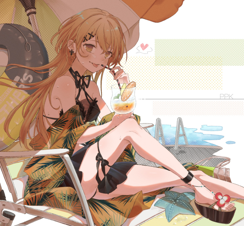 1girl :p bangs bare_shoulders bikini black_bikini black_swimsuit blush breasts character_name closed_mouth cocktail cocktail_glass commentary_request commission cross cross_earrings cup drinking_glass earrings eyebrows_visible_through_hair girls'_frontline hair_ornament hairclip heart heart_print highres holding holding_cup jewelry light_brown_eyes light_brown_hair long_hair looking_at_viewer medium_breasts official_alternate_costume platform_footwear pool ppk_(foliage_romance)_(girls'_frontline) ppk_(girls'_frontline) rabb_horn revision sandals simple_background sitting skeb_commission solo sweat swimsuit tongue tongue_out