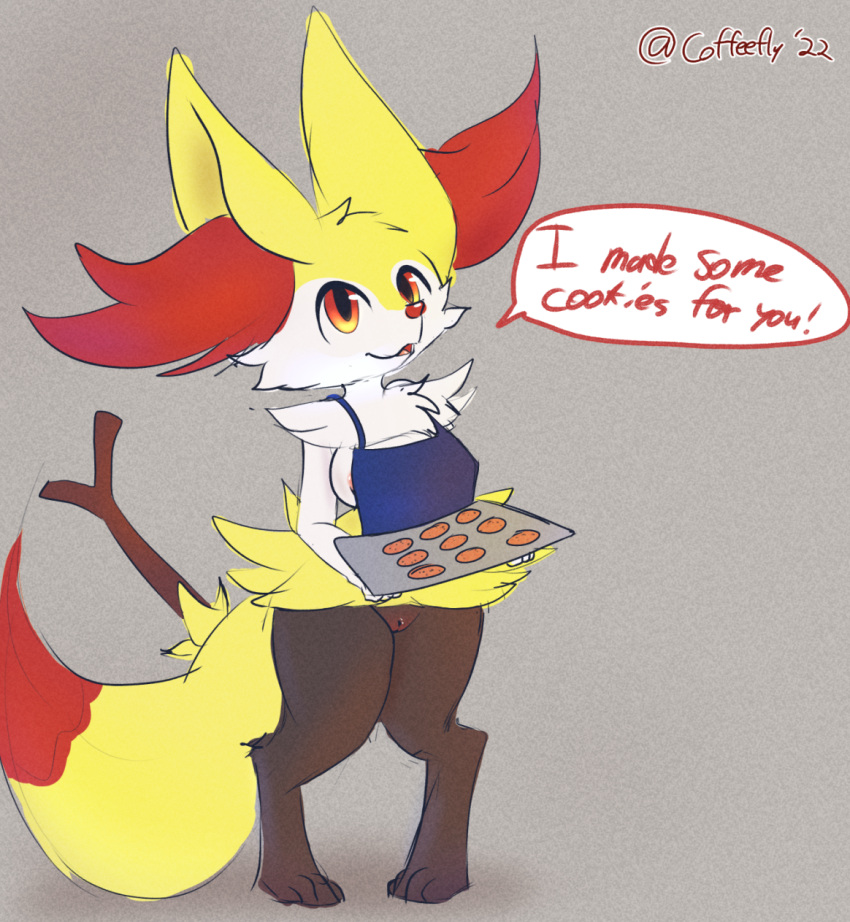 apron areola areola_slip braixen breasts clothing coffeefly cookie female food genitals hi_res nintendo pok&eacute;mon pok&eacute;mon_(species) pussy smile solo video_games