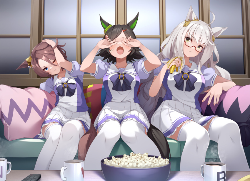 3girls biwa_hayahide_(umamusume) brown_hair commentary_request couch crying food long_hair mofu_namako multiple_girls narita_taishin_(umamusume) open_mouth popcorn school_uniform short_hair sitting thighhighs tracen_school_uniform umamusume white_background winning_ticket_(umamusume)