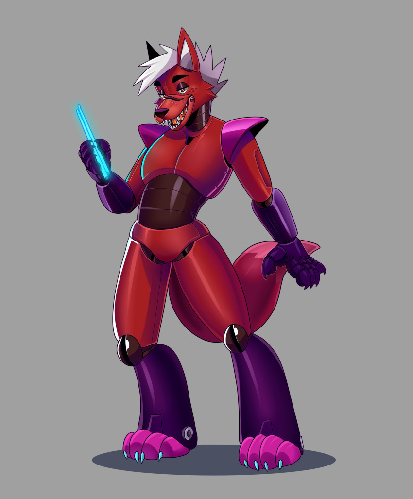 2022 absurd_res alternate_form animatronic anthro canid canine claws daflummify eyebrows facial_markings five_nights_at_freddy's five_nights_at_freddy's:_security_breach fox fur glowstick grey_background hair head_markings hi_res holding_object looking_at_viewer machine male mammal markings narrowed_eyes pyrocynical robot scottgames shadow shoulder_pads simple_background smile solo standing teeth tongue tuft video_games youtuber