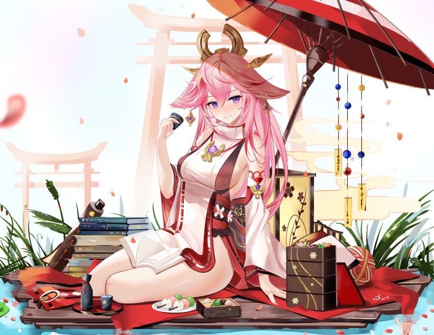 1girl absurdres animal_ears anklet arm_support bare_legs bare_shoulders blanket blurry blush book book_stack bottle breasts cherry_blossoms choko_(cup) commentary_request cup dango day detached_sleeves earrings eyebrows_visible_through_hair fingernails floppy_ears food fox_ears fox_girl full_body genshin_impact grass hair_between_eyes hair_ornament highres holding holding_cup japanese_clothes jewelry long_hair looking_at_viewer low-tied_long_hair medium_breasts miko multiple_torii open_book outdoors parted_lips pendant petals pink_hair plate priestess purple_eyes sabou_san-shitsu_kokoro sanshoku_dango sideboob sitting skewer smile thighs torii umbrella vision_(genshin_impact) wagashi water white_background wide_sleeves yae_miko yokozuwari