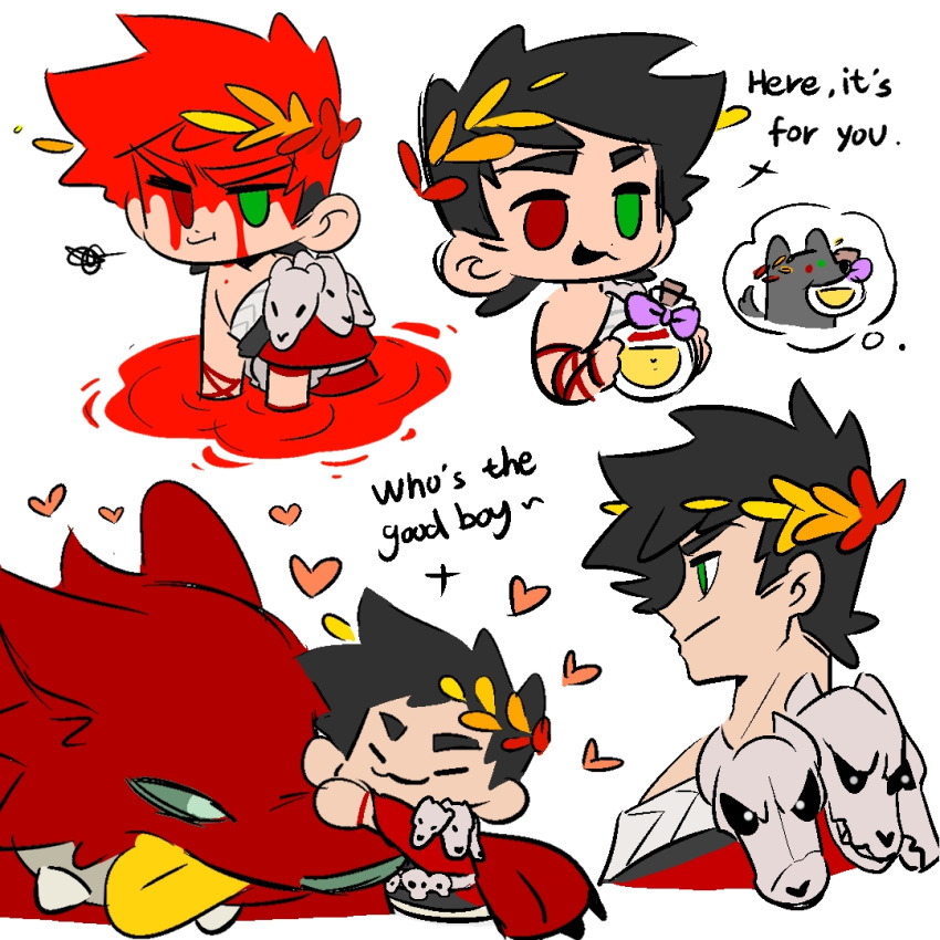 1boy bbeard3 black_hair blood blood_on_face cerberus_(hades) chibi dog english_text greek_clothes green_eyes hades_(game) heart heterochromia laurel_crown male_focus pool_of_blood red_eyes single_bare_shoulder skull zagreus_(hades)