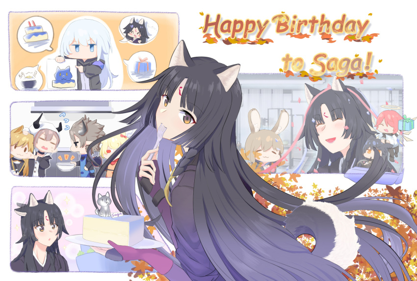 1boy 6+girls :o amiya_(arknights) animal_ears apron arknights bangs birthday black_hair blonde_hair blue_apron blue_eyes blush brown_eyes brown_hair cake ceobe_(arknights) closed_eyes closed_mouth doctor_(arknights) exusiai_(arknights) eyebrows_visible_through_hair facial_mark female_doctor_(arknights) food forehead_mark fork gift gummy_(arknights) halo happy_birthday highres holding holding_fork holding_plate horns japanese_clothes kimono kitchen light_blue_hair long_hair looking_at_another looking_at_viewer matterhorn_(arknights) multiple_girls open_mouth plate purinmeow rabbit_ears red_eyes red_hair saga_(arknights) short_hair simple_background smile standing texas_(arknights) vulcan_(arknights) yellow_eyes