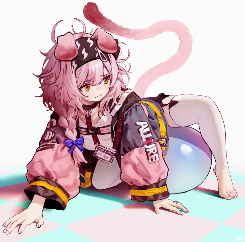 1girl animal_ears arknights ball blue_jacket bow braid cat_ears cat_tail clothes_writing exercise_ball floppy_ears garter_straps goldenglow_(arknights) hair_bow highres id_card jacket long_hair messy_hair open_clothes open_jacket parody photo-referenced pink_jacket purple_bow shirt simple_background solo songchuan_li tail tail_raised thighhighs wavy_mouth white_background white_legwear white_shirt yellow_eyes