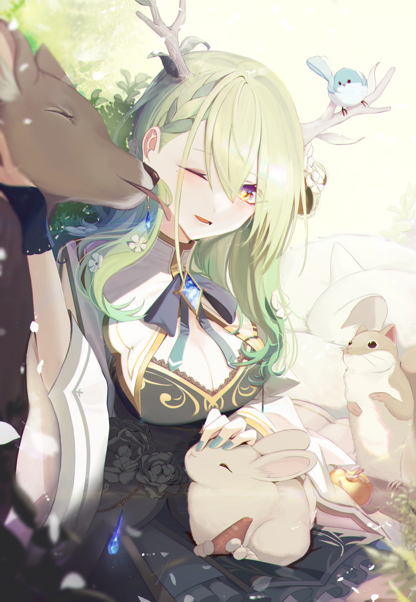 1girl absurdres antlers apple bird braid branch brooch bunny ceres_fauna deer dress flower food fruit ggi_bang gloves golden_apple green_hair hair_flower hair_ornament highres hololive hololive_english jewelry licking one_eye_closed petting ribbon smile squirrel tree virtual_youtuber wide_sleeves yellow_eyes