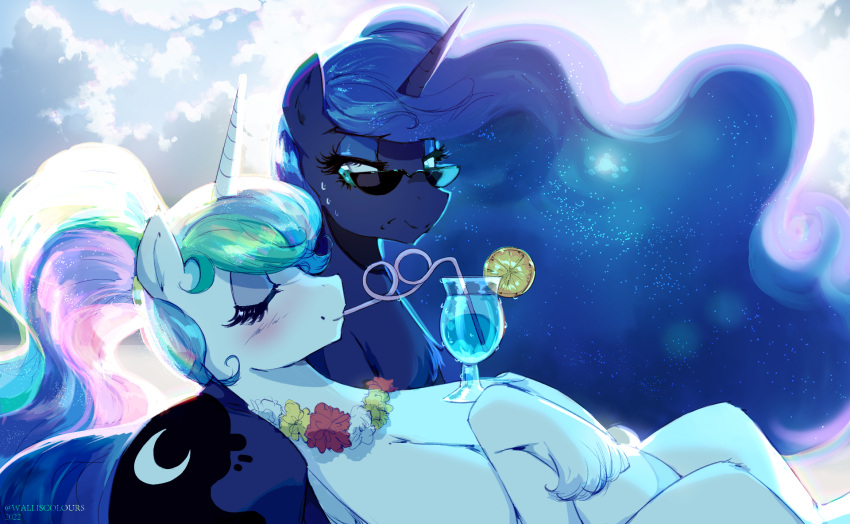 2022 alcohol beverage bodily_fluids chest_tuft container cup cutie_mark drinking drinking_glass drinking_straw duo equid equine eyelashes eyes_closed eyewear female feral friendship_is_magic fur glass glass_container glass_cup hair hi_res horn long_hair mammal multicolored_hair my_little_pony princess_celestia_(mlp) princess_luna_(mlp) reclining sibling sister sisters sunglasses sweat sweatdrop tuft walliscolours winged_unicorn wings