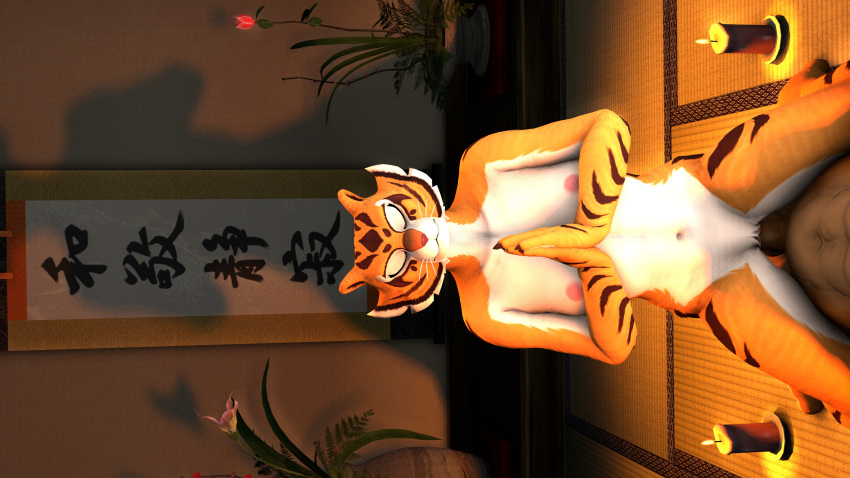 3d_(artwork) absurd_res anthro breasts candle claws claws_out digital_media_(artwork) dreamworks eyes_closed felid female fire genitals hands_together hi_res japanese_text kung_fu_panda mammal master_tigress meditating meditation pantherine penetration penis plant shadow solo source_filmmaker stripes text tiger vaginal vaginal_penetration wolf552906