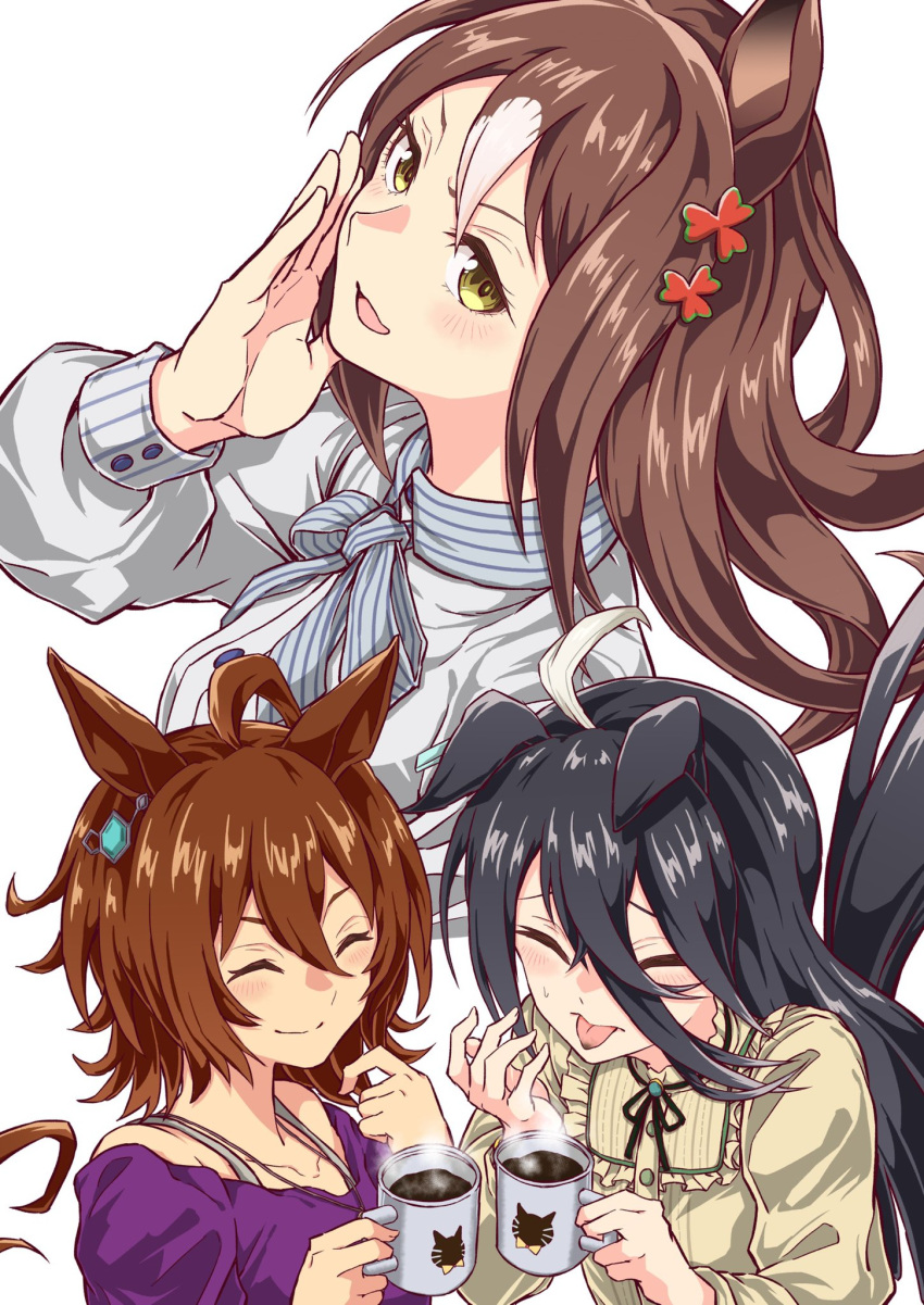 3girls agnes_tachyon_(umamusume) ahoge animal_ears bangs black_hair blue_bow blue_bowtie blue_shirt blush bow bowtie brown_hair buttons closed_eyes closed_mouth clover_hair_ornament coffee cup earrings ears_down fine_motion_(umamusume) frilled_shirt_collar frills green_eyes hair_between_eyes hair_ornament hand_on_own_cheek hand_on_own_face highres holding holding_cup horse_ears horse_girl horse_tail jewelry long_sleeves looking_at_viewer manhattan_cafe_(umamusume) medium_hair multicolored_hair multiple_girls nanashi11 off-shoulder_shirt off_shoulder open_mouth purple_shirt shirt simple_background single_earring smile steam stiff_tail streaked_hair sweatdrop tail tongue tongue_out umamusume white_background yellow_shirt