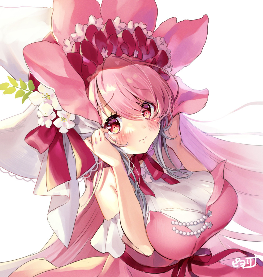 1girl blush breasts commentary_request eyebrows_visible_through_hair flower flower_knight_girl hat hat_flower highres large_breasts looking_at_viewer neck_ribbon pink_hair piyoyanagi red_eyes ribbon signature simple_background solo upper_body verbascum_(flower_knight_girl) white_background