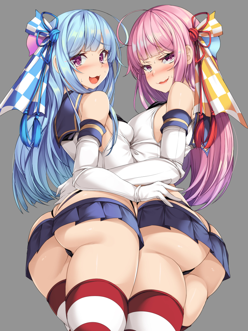 2girls :3 ahoge ass asymmetrical_docking bangs black_panties blue_hair blue_sailor_collar blue_skirt blunt_bangs blush breast_press breasts commentary_request cosplay detached_sleeves eyebrows_visible_through_hair gloves grey_background grimace hair_ornament hair_ribbon hand_on_another's_hip highleg highleg_panties highres kantai_collection kotonoha_akane kotonoha_aoi large_breasts long_hair looking_at_viewer miniskirt multiple_girls open_mouth panties pink_hair pleated_skirt purple_eyes ribbon sailor_collar school_uniform serafuku shimakaze_(kancolle) shimakaze_(kancolle)_(cosplay) shirt sidelocks simple_background skirt small_breasts smile striped striped_legwear thighhighs thong torisan underwear voiceroid white_gloves white_shirt