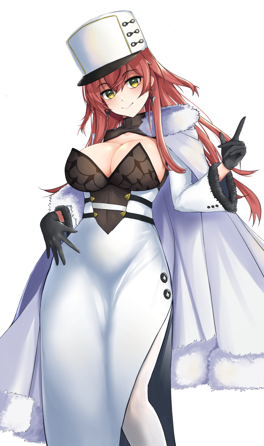 1girl absurdres azur_lane black_gloves breasts cape cleavage gloves glowing hat highres large_breasts looking_at_viewer ojisan_f one_eye_covered pantyhose red_hair russian_clothes simple_background solo volga_(azur_lane) white_background yellow_eyes