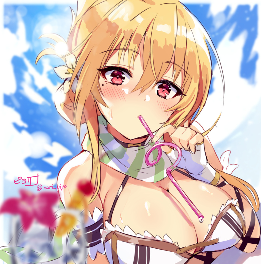 1girl blonde_hair blue_sky blurry blurry_foreground blush breasts cleavage cloud cloudy_sky commentary_request crazy_straw day drinking_straw drinking_straw_in_mouth eyebrows_visible_through_hair fingerless_gloves flower flower_knight_girl gloves hair_between_eyes hair_flower hair_ornament highres kuchinashi_(flower_knight_girl) large_breasts looking_at_viewer mole mole_under_eye piyoyanagi red_eyes sky solo white_gloves