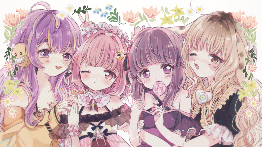4girls ahoge animal_ears bangs black_dress blonde_hair blush bow brown_hair bubbly_bunnana choker cleavage_cutout clothing_cutout collar commission commissioner_upload criss-cross_halter dress eating eyebrows_visible_through_hair fallenshadow flat_chest flower flower_border frilled_sleeves frills goggles hair_bow hair_ribbon halter_dress halterneck hand_on_another's_head hand_on_another's_shoulder headband headphones high_collar highres hug indie_virtual_youtuber jumpsuit lemonleaf locked_arms long_hair multicolored_hair multiple_girls nail_polish one_eye_closed open_mouth pink_dress pink_eyes purple_eyes purple_hair rabbit_ears ribbon short_hair short_sleeves shoulders sidelocks skeb_commission smile sunflower-m two-tone_hair v virtual_youtuber vividly_vivi white_background yellow_eyes yellow_jumpsuit