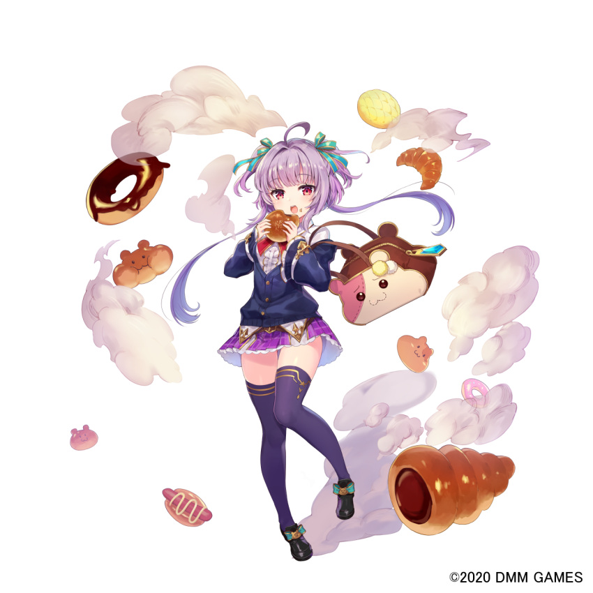 1girl 2020 bag black_footwear black_legwear bow bread chocolate_cornet commentary_request croissant dmm doughnut eating eyebrows_visible_through_hair food food_on_face footwear_bow full_body gemini_seed hair_ribbon highres long_sleeves looking_at_viewer melon_bread official_art open_mouth piyoyanagi purple_hair purple_skirt red_eyes ribbon short_hair_with_long_locks shoulder_bag simple_background skirt solo tachi-e thighhighs white_background zettai_ryouiki