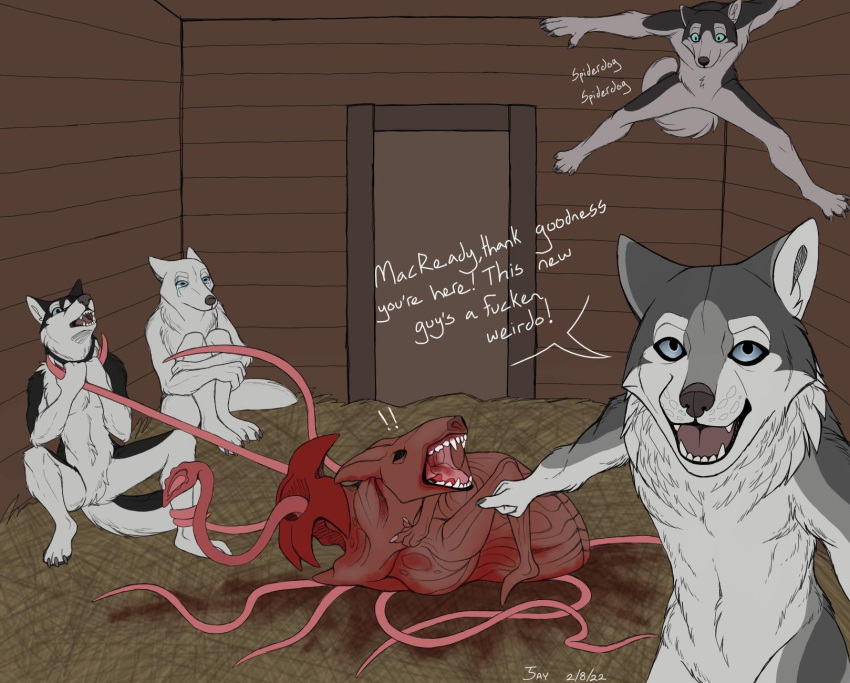 ambiguous_gender angry anthro black_and_white_fur blue_eyes bodily_fluids body_horror canid canine canis climbing_wall dialogue domestic_dog fur gesture grey_body grey_fur group hi_res horror_movie husky looking_at_viewer male mammal middle_finger mutation nordic_sled_dog parody pointing sasha_demogorgon satire sitting soyjak spitz strangling tears tentacles the_thing the_thing_(organism) thejumpingspider white_body white_fur wojak