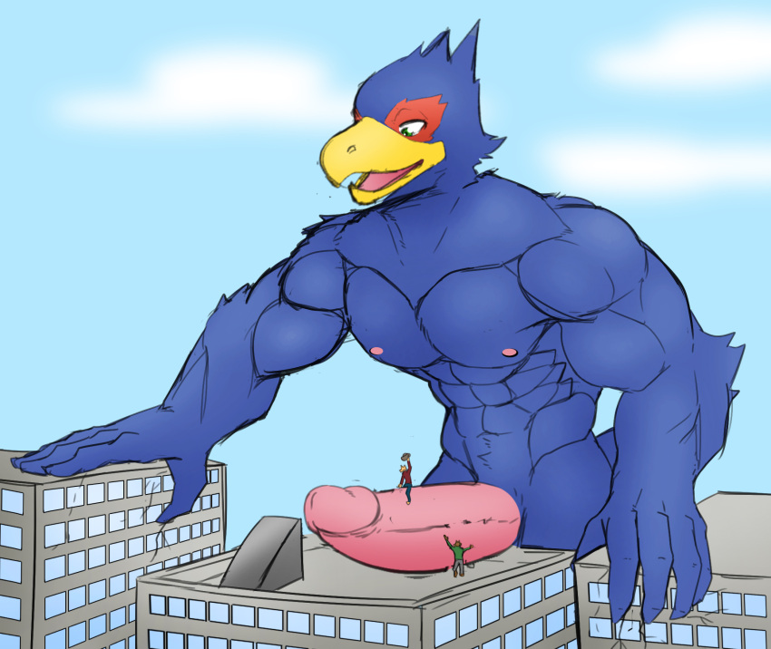 anthro avian bird blue_body building city erection falco_lombardi genitals hi_res jrjresq macro male muscular muscular_male nintendo penile penis penis_riding siman-clifton star_fox video_games