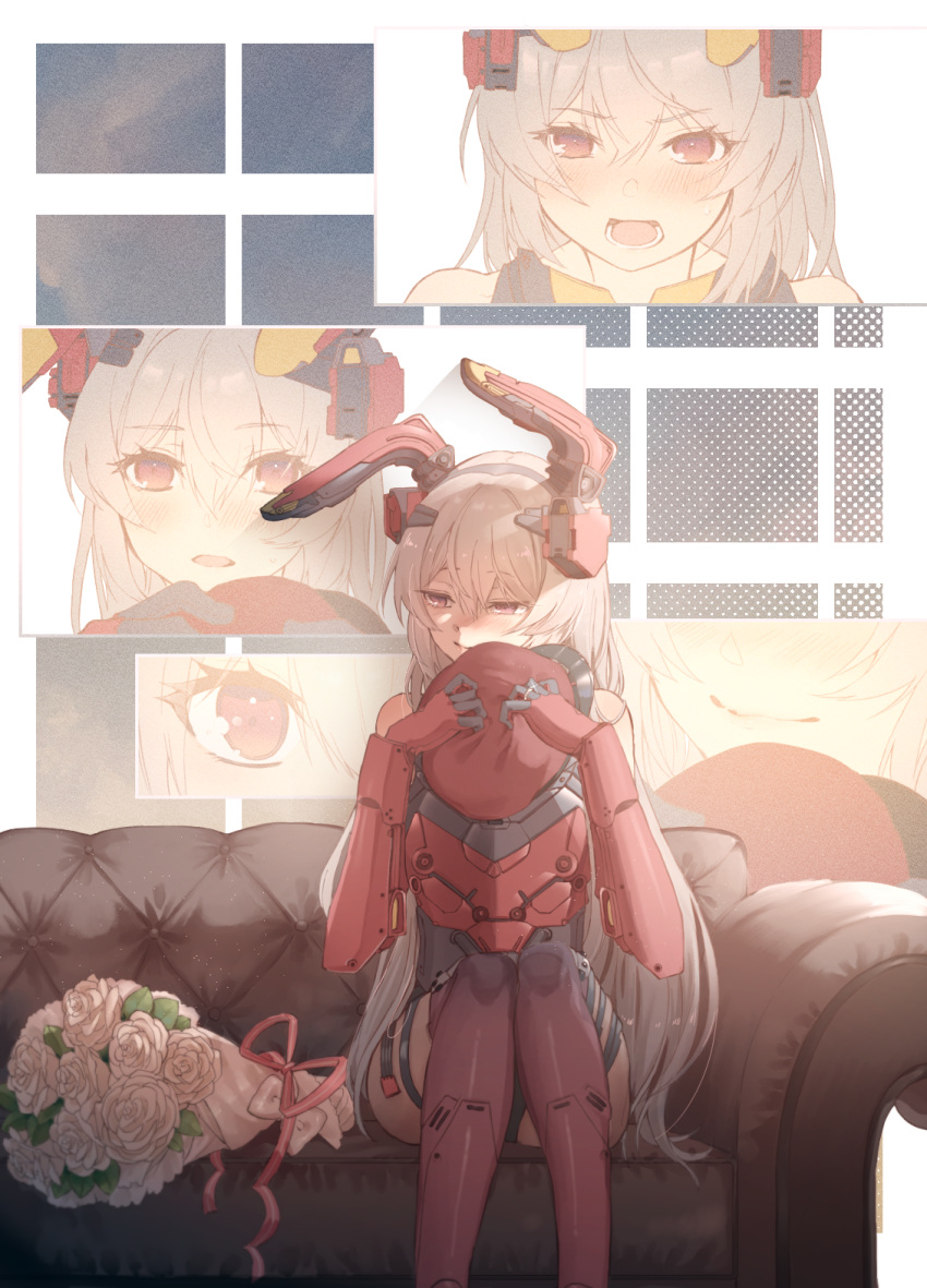 1girl animal_ears bangs black_footwear blush boots bouquet charolic_(girls'_frontline_2) closed_mouth commission couch eyebrows_visible_through_hair fake_animal_ears flashing girls'_frontline girls'_frontline_2:_exilium highres holding holding_pillow holographic_interface knee_boots long_hair looking_at_viewer looking_away mechanical_arms open_mouth pillow rabb_horn red_eyes screen silver_hair sitting skeb_commission solo
