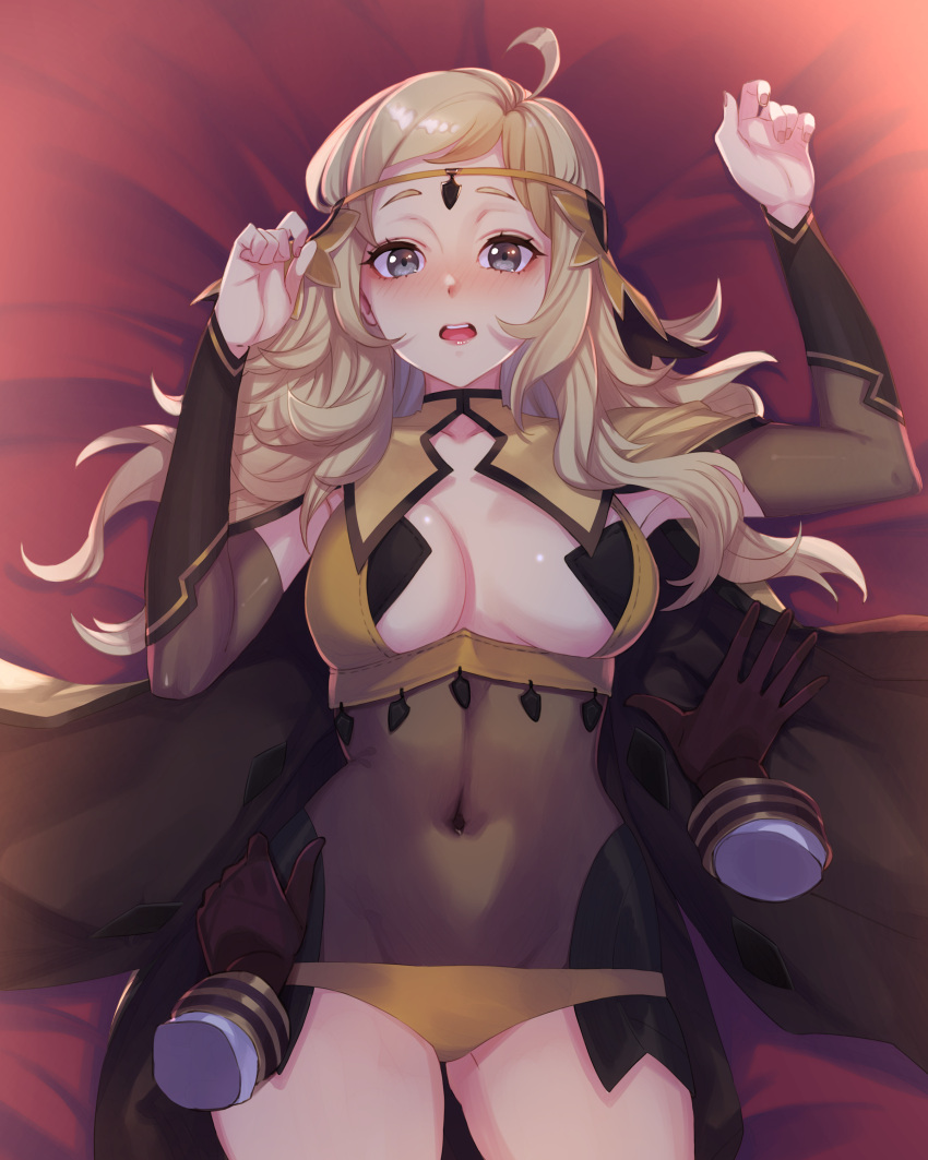 1boy absurdres ahoge ass_visible_through_thighs asymmetrical_bangs bangs bed blonde_hair blush bodystocking breasts bridal_gauntlets cape commission commissioner_upload covered_navel disembodied_limb fire_emblem fire_emblem_fates fire_emblem_heroes gloves grey_eyes highres kiran_(fire_emblem) lying male_hand medium_breasts midriff non-web_source on_back open_mouth ophelia_(fire_emblem) panties pov ritence turtleneck underwear yellow_panties