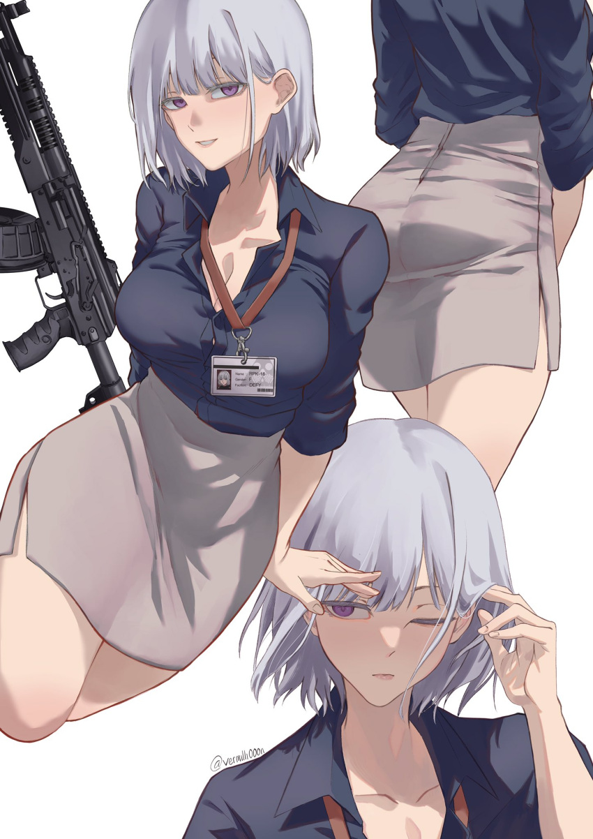 1girl arms_behind_back ass bangs blue_shirt blush breasts cleavage closed_mouth collarbone eyebrows_visible_through_hair girls'_frontline gun hand_in_hair high-waist_skirt highres id_card light_machine_gun medium_breasts one_eye_closed parted_lips pencil_skirt purple_eyes rifle rpk-16 rpk-16_(girls'_frontline) shirt shirt_tucked_in short_hair silver_hair sitting skirt smile solo standing twitter_username vermilli000n weapon white_background white_shirt