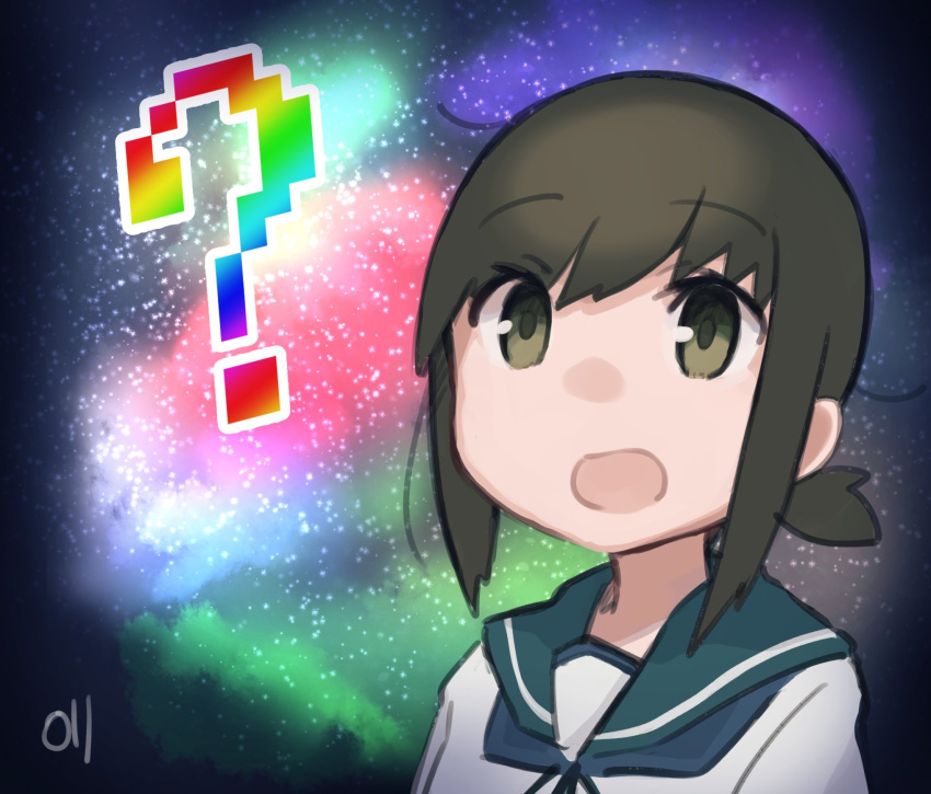 1girl ? black_hair eyebrows_visible_through_hair fubuki_(kancolle) green_eyes green_sailor_collar highres kantai_collection ma_rukan open_mouth portrait sailor_collar school_uniform serafuku short_hair short_ponytail signature solo