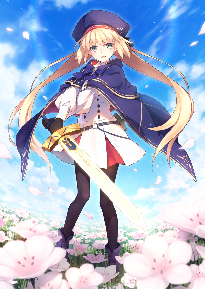 1girl artoria_pendragon_(caster)_(fate) artoria_pendragon_(fate) bangs belt beret black_gloves black_legwear blonde_hair blue_cape blue_headwear blue_sky blush breasts buttons cape double-breasted dress excalibur_(fate/stay_night) fate/grand_order fate_(series) field flower flower_field gloves green_eyes hat highres hood hooded_cape long_hair long_sleeves looking_at_viewer multicolored_cape multicolored_clothes open_mouth pantyhose red_cape saipaco sky small_breasts smile solo sword twintails weapon white_dress