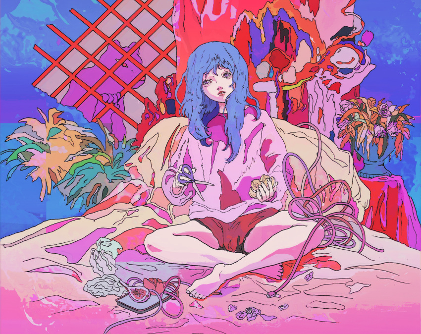 1girl abstract barefoot bed_sheet blue_hair cable colorful fig head_tilt highres holding holding_scissors indian_style long_hair long_sleeves looking_up miyoviyo original parted_lips plant purple_eyes scissors shirt short_shorts shorts sitting solo
