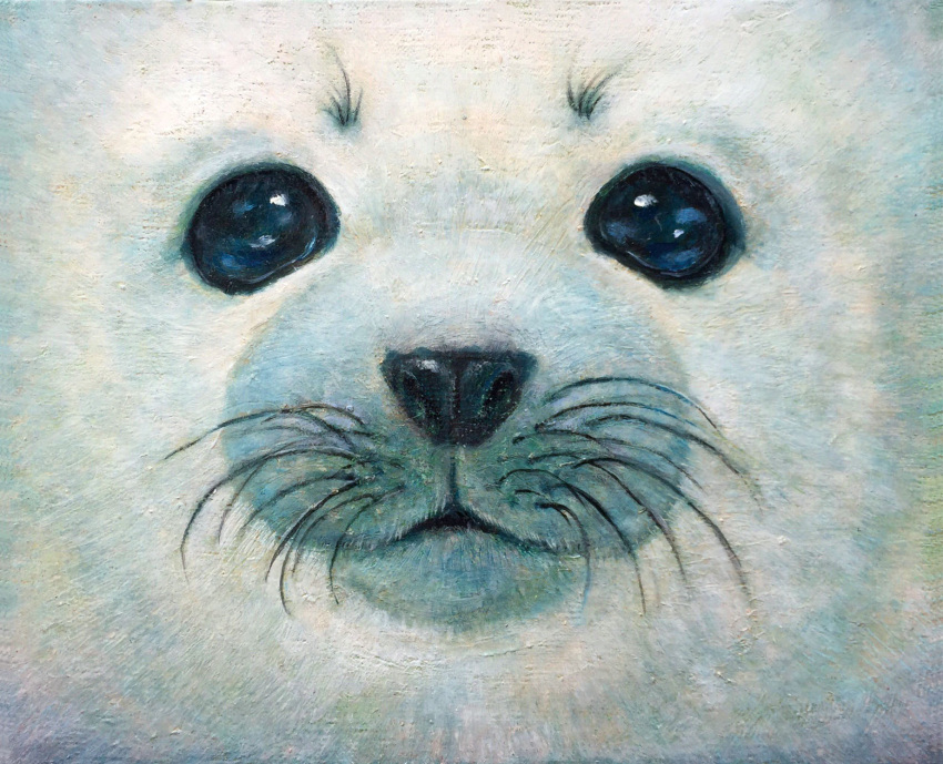 animal animal_focus close-up closed_mouth commentary highres looking_at_viewer mahos_san no_humans oil_painting_(medium) original painting_(medium) seal_(animal) sparkling_eyes traditional_media