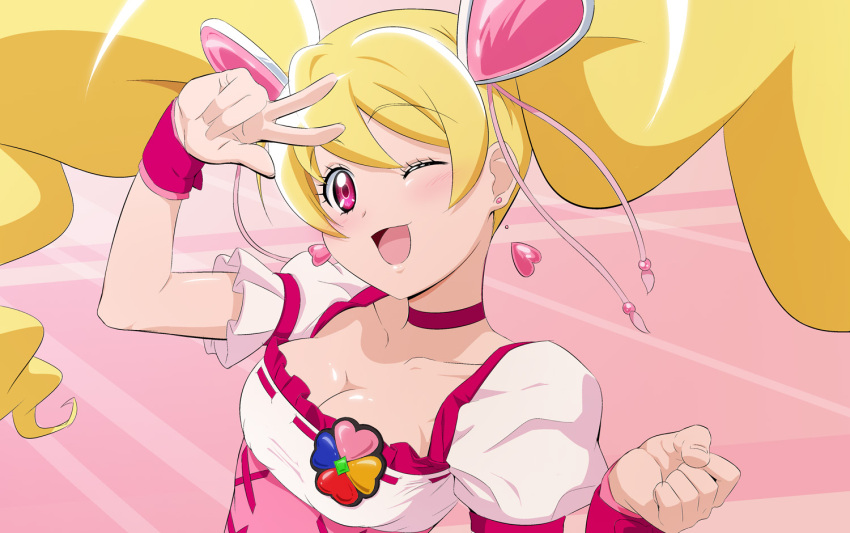 1girl blonde_hair breasts choker cleavage collarbone cure_peach earrings fresh_precure! fuchi_(nightmare) hair_ornament heart heart_earrings heart_hair_ornament jewelry large_breasts long_hair looking_at_viewer momozono_love one_eye_closed open_mouth pink_choker pink_eyes precure puffy_short_sleeves puffy_sleeves short_sleeves smile solo twintails upper_body v