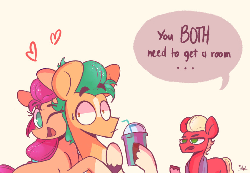 &lt;3 beverage blonde_hair bodily_fluids dialogue earth_pony embrace english_text equid equine female hair hasbro hi_res hitch_trailblazer_(mlp) horse hug male mammal mlp_g5 my_little_pony pony scribble-potato simple_background smoothie sprout_cloverleaf_(mlp) sunny_starscout_(mlp) sweat sweatdrop text turquoise_hair white_background