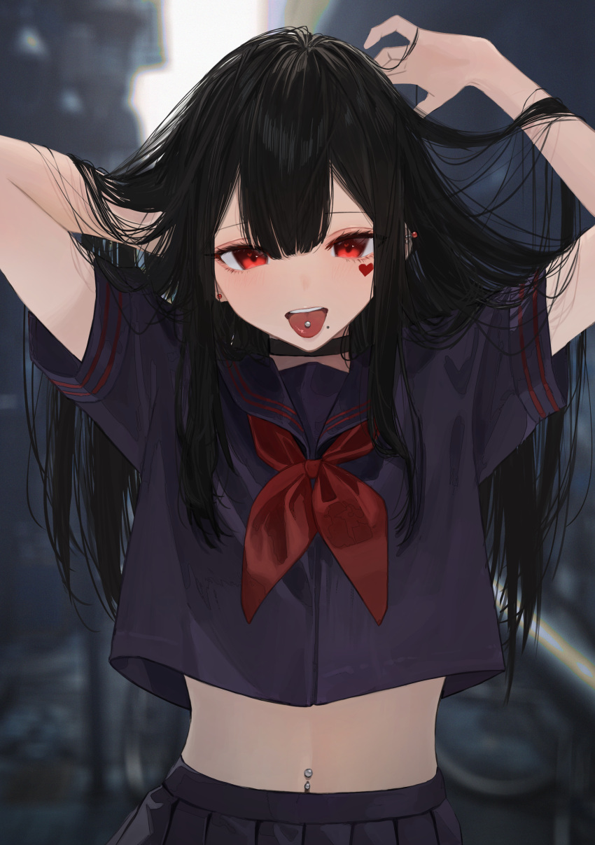 1girl :p absurdres arms_up bangs black_skirt blunt_bangs blush choker commentary_request ear_piercing earrings facial_mark hair_strand half-closed_eyes hand_in_hair hands_up hara_kenshi heart heart_facial_mark highres jewelry long_hair midriff mole mole_under_mouth navel navel_piercing neckerchief original piercing pleated_skirt red_eyes red_neckerchief sailor_collar school_uniform serafuku short_sleeves skirt solo tongue tongue_out tongue_piercing upper_body