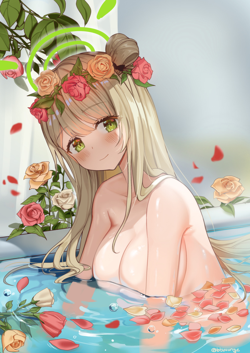 1girl absurdres bangs bathing blonde_hair blue_archive breasts cleavage completely_nude convenient_censoring eyebrows_visible_through_hair flower green_eyes hair_flower hair_ornament halo highres large_breasts long_hair looking_at_viewer nonomi_(blue_archive) nude partially_submerged petals pparong_e rose rose_petals smile solo twitter_username water