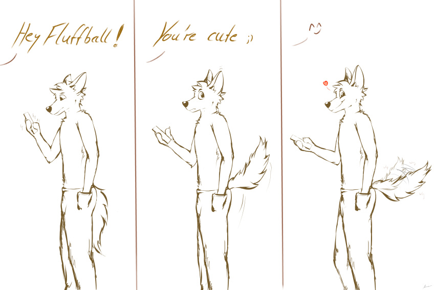 absurd_res arcwolfdragon bottomwear canid canine cellphone chat clothing comic compliment dialogue fox fur grin hand_in_pocket hi_res looking_at_object looking_at_phone looking_at_viewer mammal phone pockets shorts smile surprise tail tail_motion tailwag wag