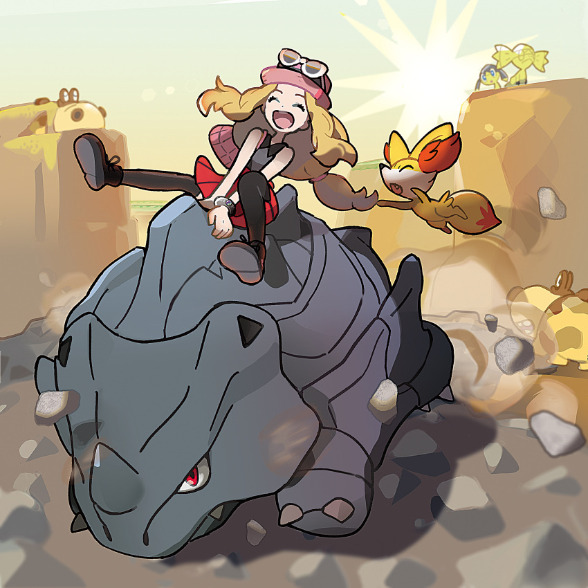 1girl absurdres bag black_footwear bracelet collared_shirt commentary_request day eyewear_on_headwear fennekin handbag hat helioptile highres hippopotas jewelry long_hair official_art outdoors pink_bag pink_headwear pokemon pokemon_(creature) pokemon_(game) pokemon_xy red_skirt rhyhorn riding riding_pokemon serena_(pokemon) shirt shoes sitting skirt sleeveless sleeveless_shirt sunglasses thighhighs white-framed_eyewear