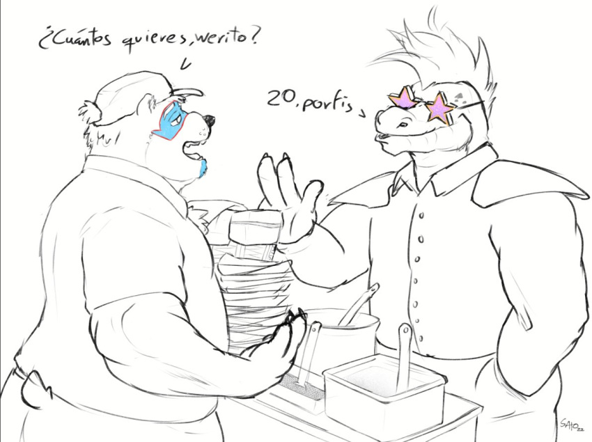 2022 alligator alligatorid anthro bottomwear clothing crocodilian duo eyewear five_nights_at_freddy's five_nights_at_freddy's:_security_breach food glamrock_freddy_(fnaf) glasses hat headgear headwear humanoid_hands male mammal montgomery_gator_(fnaf) overweight overweight_male pants reptile sato_afroleone scalie scottgames shirt spanish_text taco text topwear ursid video_games